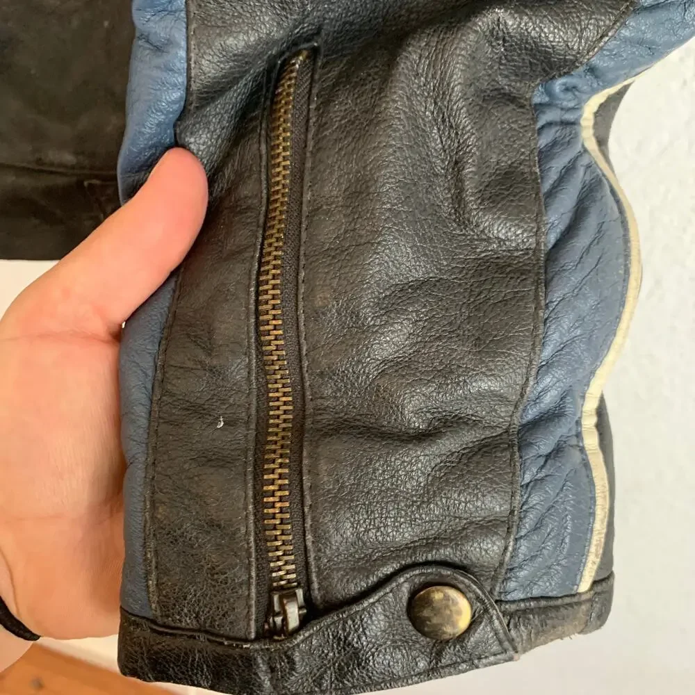 VTG Bikers Dream Mens 2XL Sz 54 Leather Jacket Motorcycle Coat Blue Racer Zip Up